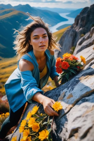 Analogue/Beauty/Candid/Documentary/Glamour/Instant/Modernist/Paparazzi photography, wide-angle photo, Cinematic results, portrait of beautiful girl  climbing a rock, she has flowy hair with colorful flowers cascading out of it, colorful rendition, ultradetailed face,  Freckles and dry skin, 8k UHD, professional results ,, wide-angle, sky view with wispy clouds ,EpicSky, golden hour, close-up, mountain views, hiking clothes,  8 K ,  