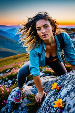 Analogue/Beauty/Candid/Documentary/Glamour/Instant/Modernist/Paparazzi photography, wide-angle photo, Cinematic results, portrait of beautiful girl  climbing a rock, she has flowy hair with colorful flowers cascading out of it, colorful rendition, ultradetailed face,  Freckles and dry skin, 8k UHD, professional results , sharp focus on face, wide-angle, sky view with wispy clouds ,EpicSky, golden hour, close-up, mountain views, hiking clothes, sunset, 4 K, 8 K ,  highe Definisjon, uhd, soft light, warm light,
