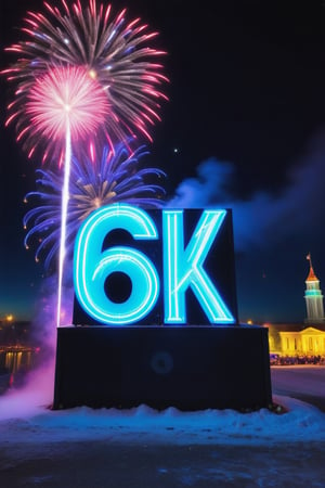  6 k , on a big neon sign,  fireworks in background 