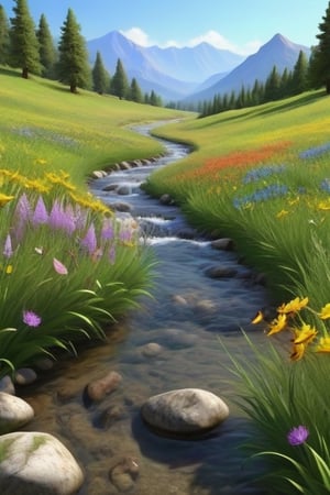a stream in the spring time with a field of wild flowers and butterflys seen all around it and mountains seen off in the far distance. ultra photo realistic