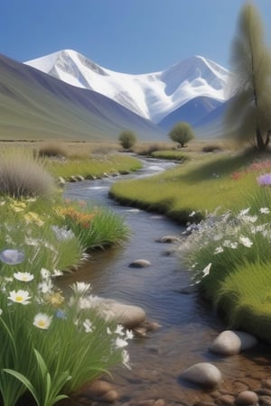 a babbling brook scene with snow capped  mountains seen off in the distance. along the brook you can see various animals playing and drinking from the water among various wild flowers. ultra photo realistic