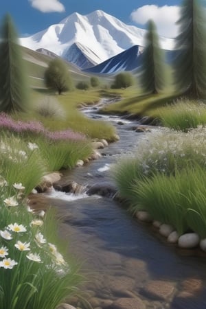 a babbling brook scene with snow capped  mountains seen off in the distance. along the brook you can see various animals playing and drinking from the water among various wild flowers. ultra photo realistic