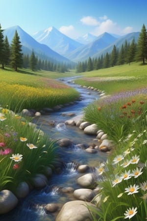 a stream in the spring time with a field of wild flowers and butterflys seen all around it and mountains seen off in the far distance. ultra photo realistic