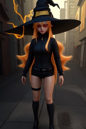 Red eyes, evil, golden, shiny, gold hair,High detailed ,midjourney,perfecteyes,Color magic,urban techwear,hmochako,better witch,witch, witch,Long hair ,long hair,3d animation