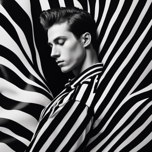 1man, The image depicts a handsome young caucasian man painted to blend with the background. The background is a geometric pattern of black and white stripes, possibly marble, and the painting on the handsome young man skin mimics this pattern, creating an illusion of the man merging with the background. The young man is lying down with his head tilted back and eyes closed, which gives the scene a serene or contemplative mood. The effect is quite artistic, reminiscent of body art or camouflage art installations where the subject is painted to create a visual continuation of the surrounding patterns or textures.
