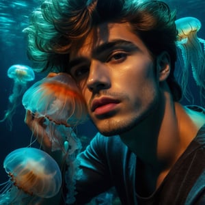 Photo of a handsome young man, full lips, underwater with sea ​​jellyfish, otherworldly, multilayered, cinematic lighting, rich colors, chiaroscuro, Canon Powershot G7X III, style raw ,photo r3al