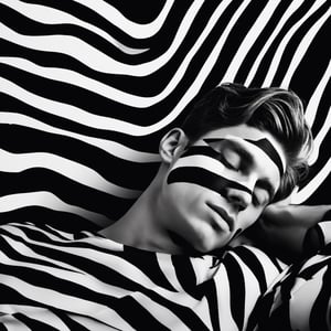 1man, The image depicts a handsome young caucasian man painted to blend with the background. The background is a geometric pattern of black and white stripes, possibly marble, and the painting on the handsome young man skin mimics this pattern, creating an illusion of the man merging with the background. The young man is lying down with his head tilted back ((and eyes closed)), which gives the scene a serene or contemplative mood. The effect is quite artistic, reminiscent of body art or camouflage art installations where the subject is painted to create a visual continuation of the surrounding patterns or textures.

