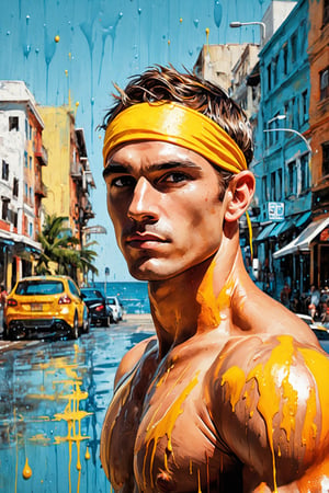 In the style of light aquamarine and dark orange, (((a handsome young sportman portrait))), yellow headband, swimmer bodybuilding stock photo, fitness imagery, (((dripping with paint in an urban decay setting))), beach portrait, multi-layered color fields, sun-soaked colors, rendered in a hyper-realistic oil style.
