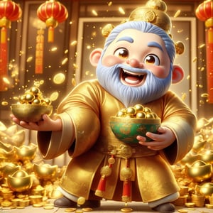 a cartoon character holding a bowl of gold coins,God of wealth, ray tracing lighting, chinese heritage, gnome, being delighted and cheerful, an unexpected windfall, still image from the movie, official splash art, wealth, an emperor, happy appearance, protect,