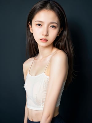 a half-body portrait photo of a young model, close up, upper body, (age 12-15:1.7), gorgeous face, looking at viewer, smooth detailed soft skin, make up,(erotic school uniform:1), (bare shoulders, midriff, navel:1.3), (in blank background, dark background:1.4), (dynamic pose:1.2), (from side:0.9), (slender girl, slim body, very thin:1.2), (nsfw, pubescent girl:1.3), (nude, naked girl, completely naked, naked body, no public hair, pussy, vagina:0.5), more detail XL,FilmGirl,xxmixgirl