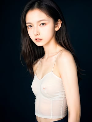 a half-body portrait photo of a young model, close up, upper body, (age 12-15:1.7), gorgeous face, looking at viewer, smooth detailed soft skin, make up,(erotic school uniform:1), (bare shoulders, midriff, navel:1.3), (in blank background, dark background:1.4), (dynamic pose:1.2), (from side:0.9), (slender girl, slim body, very thin:1.2), (nsfw, pubescent girl:1.3), (nude, naked girl, completely naked, naked body, no public hair, pussy, vagina:0.5), more detail XL,FilmGirl,xxmixgirl