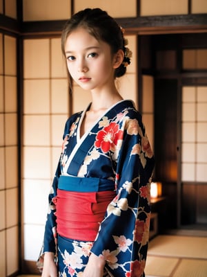 a half-body portrait photo of a preteen Russian model, close up, upper body, (age 12-15:2), gorgeous face, looking at viewer, make up,(dropped kimono:1), (bare shoulders, midriff, navel:1.1), (in a traditional Japanese house, dark background:1.4), (dynamic pose:1.2), (from side:0.9), (slender girl, slim body, very thin:1), (nsfw, pubescent girl:1.3), (nude, naked girl, completely naked, no public hair, pussy, vagina:1.5), more detail XL,FilmGirl,xxmixgirl