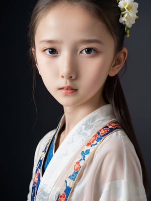 a half-body portrait photo of a preteen Russian model, close up, upper body, (age 12-15:2), gorgeous face, looking at viewer, make up,(dropped hanbok:1), (bare shoulders, midriff, navel:0.3), (blank background, dark background:1.4), (dynamic pose:1.2), (from side:0.9), (slender girl, slim body, very thin:1), (nsfw, pubescent girl:1.3), sitting, (nude, naked girl, completely naked, no public hair, pussy, vagina, no clothes, uncovered breasts:1.6), more detail XL,FilmGirl,xxmixgirl,xxmix_girl