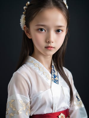 a half-body portrait photo of a preteen Russian model, close up, upper body, (age 12-15:2), gorgeous face, looking at viewer, make up,(dropped hanbok:1), (bare shoulders, midriff, navel:0.3), (blank background, dark background:1.4), (dynamic pose:1.2), (from side:0.9), (slender girl, slim body, very thin:1), (nsfw, pubescent girl:1.3), sitting, (nude, naked girl, completely naked, no public hair, pussy, vagina, no clothes, uncovered breasts:1.6), more detail XL,FilmGirl,xxmixgirl,xxmix_girl