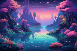 An ethereal landscape of an alien planet's pond, where vibrant aquatic flora and bioluminescent creatures flourish underwater. (pixel art)The scene captures a sense of tranquility and wonder, with soft ambient lighting casting a gentle glow on the otherworldly scene. Inspired by Hokusai's ukiyo-e style, the artwork exudes a dreamlike quality, painted in watercolors with a pastel color scheme. The 3D rendering showcases intricate details and dynamic lighting effects, making it a high-definition masterpiece with vibrant, dynamic lighting. The use of octane in computer graphics adds to the surreal, captivating atmosphere.,pixel art