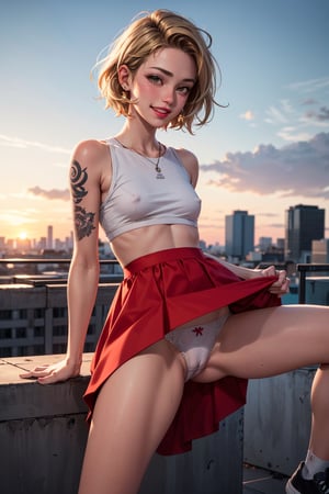 1girl,  cute beautiful (skinny) 25-year-old,  (short blond punk hair cut),  arm tattoo, (embarassed laugh),  spreading legs in lewd pose,  wearing colorful dress and chuck taylors, thin wet white panties,  (cameltoe),  (upskirt),  pokies, standing on rooftop at sunset,  (swollen red pussy lips), clitoris,  flat-chested,  tiny round ass,  highly detailed,  detailed face,  beautiful hands,  realistic,  highest quality,  masterpiece photo,  nsfw