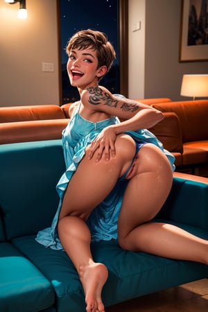 1girl,  cute beautiful (skinny) 25-year-old pixie girl,  short blod hair pixie cut,  arm tattoo,  embarrased laugh, legs open on a couch in cafe at night, wearing charming dress, upskirt, pokies, [tan lines], (thin panties), (cameltoe),  swollen red moist pussy, labia, anus, flat-chested, (tiny) ass,  highly detailed,  realistic,  highest quality,  masterpiece photo, solo, ASS UP WAIT FEET