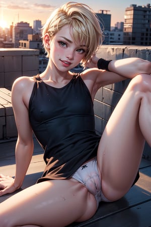 1girl,  cute beautiful (skinny) 25-year-old,  (short blond punk hair cut),  arm tattoo, (embarassed laugh),  spreading legs in lewd pose,  wearing colorful dress and chuck taylors, thin wet white panties,  (cameltoe),  (upskirt),  pokies, lying on rooftop at sunset,  (swollen red pussy lips), clitoris,  flat-chested,  tiny round ass,  highly detailed,  detailed face,  beautiful hands,  realistic,  highest quality,  masterpiece photo,  nsfw