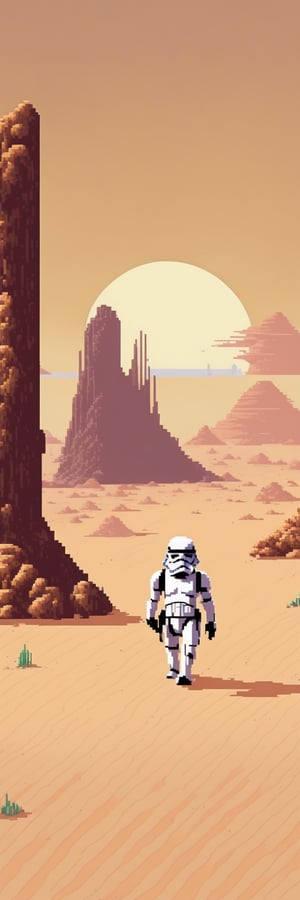 (1guy), (full body), Pixel-Art Adventure featuring a guy: Pixelated Stormtrooper character walking on Tatooine, vibrant 8-bit environment, reminiscent of classic games.,Leonardo Style, Starwars, Monkey Island style,pixel art,pixel