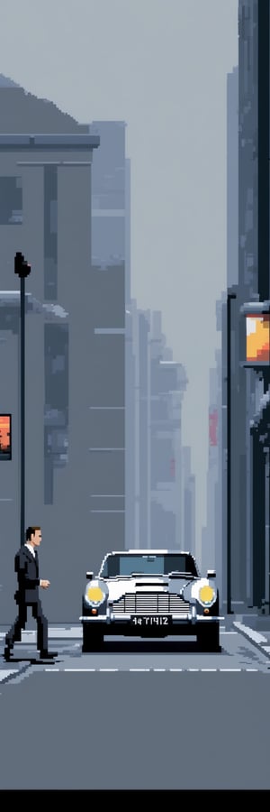 (1guy), (full body), (Pixel-Art Adventure featuring a guy: Pixelated James Bond character walking next to a grey Aston Martin, facing viewer), vibrant 8-bit environment, reminiscent of classic games.,Leonardo Style, James Bond, Aston Martin, London, style,pixel art,pixel