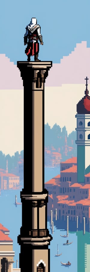 (1guy), (full body), Pixel-Art Adventure featuring a guy: Pixelated Ezio Auditore, wearing assassin's creed 2 outfit, character squatting on top of a Venice campanile, vibrant 8-bit environment, reminiscent of classic games.,Leonardo Style, Assassin's Creed, Monkey Island style,pixel art