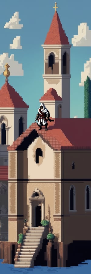 (1guy), (full body), Pixel-Art Adventure featuring a guy: Pixelated Ezio Auditore character squatting on top of a Venice church, vibrant 8-bit environment, reminiscent of classic games.,Leonardo Style, Assassin's Creed, Monkey Island style,pixel art