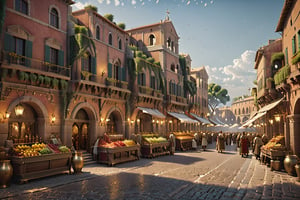 Roman market.   character, detailed, sub surface scattering, sharp focus, detailed, particles, sub surface scattering, sharp focus , cinema 4d, matte painting, polished, beautiful, colorful, intricate, eldritch, ethereal, vibrant, surrealism, surrealism, vray, nvdia ray tracing, cryengine, magical, 4k, 8k, masterpiece, crystal, romanticism,Create a stunning landscape of an illuminated enchanted forest in the twilight. The painting should have a soft, ethereal lighting and vibrant pastel colors. The style should be realistic, resembling the works of Thomas Kinkade. Use oil on canvas as the medium, focusing on creating a high-definition scenic painting.,Movie Still,Renaissance Sci-Fi Fantasy