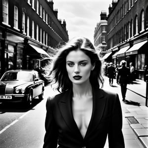 ((Masterpiece), (best quality), (highly detailed)), A woman roams the streets of London with the delicately embraced Ilford hp5+ black & white film. Immersed in the city's tumultuous history, she blossoms as an artist under the guidance of Helmut Newton. Her artistry unfurls a tapestry of feminine passion, transforming the ravaged streets into radiant canvases. With a tender yet fierce lens, she captures tales of resilience, love, and exquisite artistic beauty. 