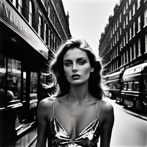 ((Masterpiece), (best quality), (highly detailed)), A woman roams the streets of London with the delicately embraced Ilford hp5+ black & white film. Immersed in the city's tumultuous history, she blossoms as an artist under the guidance of Helmut Newton. Her artistry unfurls a tapestry of feminine passion, transforming the ravaged streets into radiant canvases. With a tender yet fierce lens, she captures tales of resilience, love, and exquisite artistic beauty. 