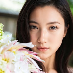 A pretty Asian beauty with medium-long hair is behind a bouquet of flowers.
break, 
(1 girl, Exquisitely perfect symmetric very gorgeous face,  perfect breasts,  Exquisite delicate crystal clear skin,  Detailed beautiful delicate eyes, perfect slim body shape, slender and beautiful fingers:0.9,nice hands, perfect hands, full_body,)
