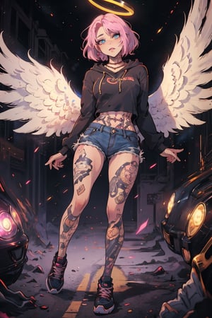 (masterpiece:1.1), (highest quality:1.1), (HDR:1.0), hiphop angel by sachin teng x supreme, 1girl, perfect body, v cut abs, red cropped hoodie:0.5, cut off denim shorts:0.5, sneakers, attractive, stylish, white angel wings on back:0.5, falling white and gold feathers:0.5, glowing golden halo, tick gold chain necklace:0.5, designer, black, asymmetrical, graffiti, street art,ruanyi0220,SAM YANG,Female,hmnc1,BJ_Violent_graffit,High detailed,(best quality,Yandere girl,1girl,blacklight,CLOUD,neon,martius_nebula, full body tattoos:1.0, leg tattoos:0.5, masterpiece)