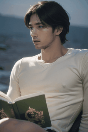 (masterpiece, best quality, highres:1.1, photorealistic:1.2), ultra resolution image, (realistic, realistic skin texture:1.2), (natural skin texture, soft light), cinematic film shot in 35mm, A young man at his 20s is sitting on a piece of cloud in the sky, reading a book.
