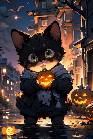 EpicMeo,cat,black cat, short school uniforms, (halloween theme:1.2), night lighting