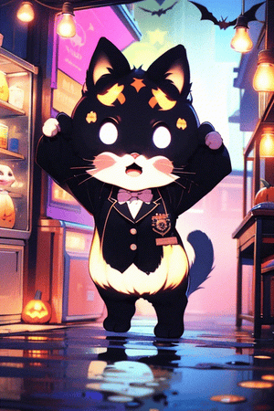 a dancing ca,EpicMeo,cat, school uniforms, halloween theme, night lighting