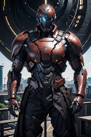 (8k masterpiece, best quality), (HDR), 
Create an epic scene depicting a formidable male Titan from Bungie's Destiny series, clad in imposing heavy plated armor adorned with a striking red and black color scheme. He stands atop the Citadel Tower, gazing out over the sprawling expanse of the Last City on Earth. Equipped with the pinnacle of weaponry, his presence exudes strength and determination as he guards the remnants of humanity against impending threats. Capture the essence of guardianship and vigilance in this iconic Destiny setting.