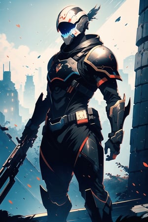 (masterpiece, best quality), (4K, UHD), (Bungie's Destiny), a male titan, wearing heavy plated armor, fiited with the best weapons, red and black color scheme, overlooking the last city of Earth from the citadel tower, 