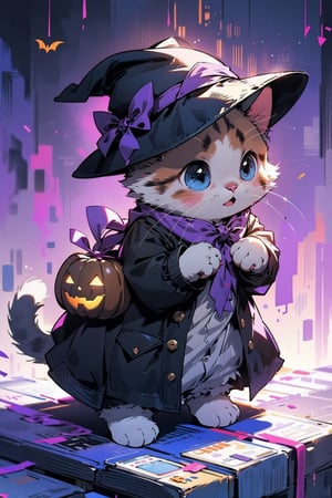 (best quality:1.2),EpicMeo,EpicGhost,cat, hat, dress shirt, white cat,halloween style, purple theme