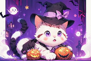 (best quality:1.2),EpicMeo,EpicGhost,cat, hat, dress shirt, white cat,halloween style, purple theme,EpicArt