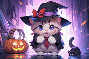 (best quality:1.2),EpicMeo,EpicGhost,cat, hat, dress shirt, white cat,halloween style, purple theme,EpicArt