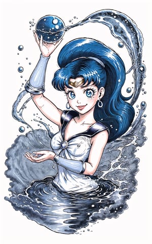 (Masterpiece), (highres), 8k, (traditional media:1.2), manga, digital illustration, 2d,  retro artstyle, (ultra-detailed portrait of sailor moon, colorful, extremely detailed, detailed face, lipstick, (low ponytail), dark blue hair, blue eyes,  gradient hair, looking at viewer, stylish, expressive, arm up, magic, casting water magic, head down, light smile, mature female, cool, aged up, head tilt, looking at viewer, cowboy shot, fully clothed, (8k resolution), (blue and white theme:1.3),sdrhstyl3,EpicLogo