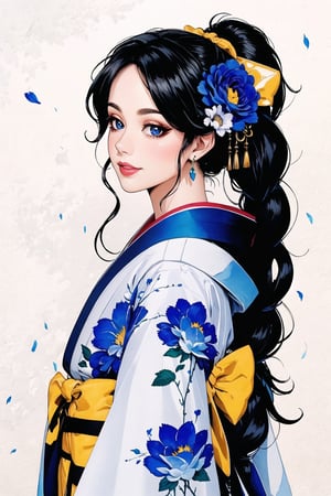 (Masterpiece, Best Quality:1.3), insaneres, (8k resolution), (centered), digital illustration, 3d, hyperrealistic, vintage_manga, uhd, dark, detaileredd hair, poster (medium), dark blue hair, long sidelocks, floral print, fully clothed, rose print, blue rose, hair flower, layered kimono, rose print, sexy, femme fatale, hyperrealistic, photoreal, shimmer, water, falling petals, dreamlike, diamond print, diamond, iridescent,wide sleeves, fingers past sleeves, victorian, glowing, hairpin, rich coolors, deep colors, full angle view, bloom, red nails, shadow, (faux traditional media:1.3), long bangs, (detailed eyes, perfect face), deep eyes, shiny,  jewelry, armlet, colorful,  black pupils, dyamic posture, looking at viewer,  love, (blue and white theme),  frilled collar, single braid, (shiny:1.3), light smile, sugar_rune,1 girl,figurine,masterpiece,c1el,flower4rmor,Oiran, (waist bow),rha30,Rayearth,rayearth,sdrhstyl3,dragonink