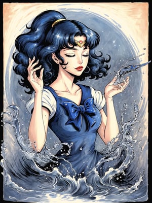 (Masterpiece), (highres), 8k, (traditional media:1.2), manga, digital illustration, 2d,  retro artstyle, (ultra-detailed portrait of sailor moon, colorful, extremely detailed, detailed face, lipstick, (low ponytail), dark blue hair, blue eyes,  gradient hair, looking at viewer, stylish, expressive, arm up, magic, casting water magic, head down, sad, curly hair, sailor nectie, half-closed eyes, closed mouth, closed eyes,melancholy, mature female, cool, aged up, head tilt, looking at viewer, cowboy shot, fully clothed, (8k resolution), (blue and white theme:1.3),sdrhstyl3,EpicLogo,fodress,Rayearth
