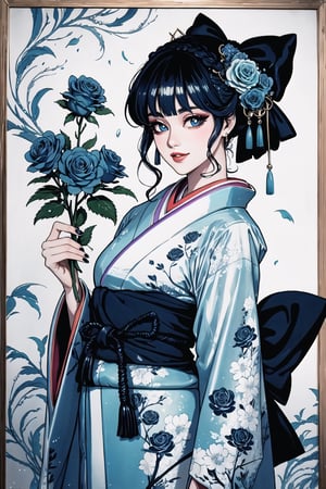 (Masterpiece, Best Quality:1.3), insaneres, (8k resolution), (centered), digital illustration, 3d, hyperrealistic, vintage_manga, uhd, detaileredd hair, poster (medium), dark blue hair, long sidelocks, floral print, fully clothed, rose print, blue rose, hair flower, layered kimono, rose print, sexy, femme fatale, hyperrealistic, photoreal, shimmer, water, falling petals, dreamlike, diamond print, diamond, iridescent,wide sleeves, fingers past sleeves, victorian, glowing, hairpin, rich coolors, deep colors, full angle view, bloom, red nails, shadow, (faux traditional media:1.3), long bangs, (detailed eyes, perfect face), deep eyes, shiny,  jewelry, armlet, colorful,  black pupils, dyamic posture, looking at viewer,  love, (blue and white theme),  frilled collar, single braid, (shiny:1.3), light smile, sugar_rune,1 girl,figurine,masterpiece,c1el,flower4rmor,Oiran, (waist bow),rha30,Rayearth,rayearth,sdrhstyl3