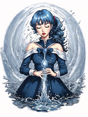 (Masterpiece), (highres), 8k, (traditional media:1.2), manga, digital illustration, 2d,  retro artstyle, (ultra-detailed portrait of a mage, colorful, extremely detailed, detailed face, lipstick, (low ponytail), dark blue hair, blue eyes,  gradient hair, looking at viewer, stylish, expressive, arm up, magic, casting water magic, head down, sad, curly hair, sailor nectie, half-closed eyes, closed mouth, closed eyes,melancholy, mature female, cool, aged up, head tilt, looking at viewer, cowboy shot, fully clothed, (8k resolution), (blue and white theme:1.3),sdrhstyl3,EpicLogo,fodress,Rayearth