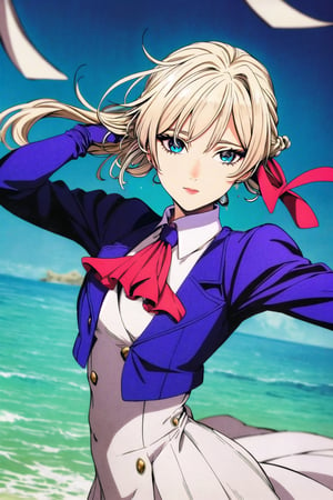 (best quality, masterpiece, colorful, dynamic angle, highest detailed), aged up, (violet evergarden), detailed hair, (french braid), medium breasts, (blonde hair), hair up, updo, blue eyes, blunt bangs, wind lift, blue sky, standing on one leg, upper body photo,fashion photography, ocean, serene, paradise, eyelashes, tsurime, prosthetic hand, single mechanical hand, hair intakes, hair ribbon, (blue vest), black gloves, sidelocks, white dress, white ascot, long sleeves, puffy sleeves, juliet sleeves, dressing high detailed, red ribbon, (high resolution textures) letter, blurry foreground, (deep depth of field:1.3), floating, dynamic pose,bokeh, blue jacket, fully clothed, clenched hand, holding letter, long skirt, victorian, sad, (intricate details, hyperdetailed:1.15),detailed,moonlight passing through hair,perfect night,(fantasy art background),(official art, extreme detailed, highest detailed),HDR+,ninjascroll,Traditional Media,90's anime style,Rayearth,Violet Evergarden,art_hamatora,traditional media