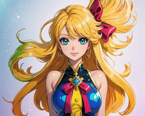 (Masterpiece, Best Quality), highres, Manga, 3d, official art 1woman, original, colored skin, monster girl, digital illustration, (solo), dynamic, ,figurine, retro artstyle, a cartoon character on a colorful background in the style of pixar, harem outfit, dark-skinned female, dark skin, jewelry, waist bow, gradient eyes, hair over shoulder, wide shot, (mature female:1.2), fire emblem heroes, [outline], (upper body:1.2), Rajah hair, long hair, wavy hair, (detailed deep eyes), tsurime, (lips, nose, long face:1.2), aged up, elegant, curvy, medium breasts, medium-length messy hair, (long sidelocks), dynamic, cinemascope, deep depth of field, expressive, Ayami Kojima, light smile, high detail illustration, frills, cute fantasy, shiny, cinematic lighting:1.1, scenery, contrast, extremely detailed, intricate, (Details:1.2), (official alternate costume:1.1), full body, (transparent background:1.2), floating particles, 1 girl,sugar_rune,rha30,retro artstyle,ayearth,traditional media
