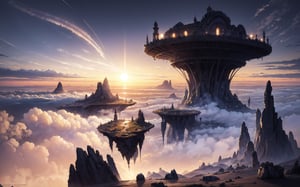 (Masterpiece, Best Quality), highres, (8k resolution wallpaper), ultra-detailed wallpaper, panoramic view, unique, otherworldly, digital illustration, trending on artstation, official, original, floating island above the clouds, (cinematic lighting:1.1), sunrise, gradient sky, horizon, (deep depth of field), ancient arcihtecture, alien planet, nostalgic, (ambient lighting), finely crafted detailed, glass architecture, transparent, fantastic rendition of a fantasy setting, nature, cloud, intricate design, perfect composition, insanely detailed,  light fluorescence, hyoer-detailed octane render, atmosphere, (concept art)