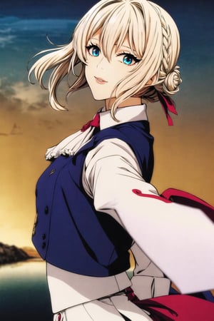 (best quality, masterpiece, colorful, dynamic angle, highest detailed), aaperture, aged up, (violet evergarden), detailed hair, (french braid), medium breasts, (blonde hair), hair up, updo, blue eyes, blunt bangs, wind lift, blue sky, standing on one leg, upper body photo,fashion photography, ocean, serene, paradise, eyelashes, tsurime, prosthetic hand, single mechanical hand, hair intakes, hair ribbon, (blue vest), black gloves, sidelocks, white dress, white ascot, long sleeves, puffy sleeves, juliet sleeves, dressing high detailed, red ribbon, (high resolution textures) letter, blurry foreground, (deep depth of field:1.3), floating, dynamic pose,bokeh, blue jacket, fully clothed, clenched hand, holding letter, long skirt, victorian, sad, (intricate details, hyperdetailed:1.15),detailed,moonlight passing through hair,perfect night,(fantasy art background),(official art, extreme detailed, highest detailed),HDR+,ninjascroll,Traditional Media,90's anime style,Rayearth,Violet Evergarden,art_hamatora,traditional media