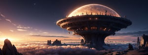 (Masterpiece, Best Quality), highres, (8k resolution wallpaper), ultra-detailed wallpaper, panoramic view, unique, otherworldly, digital illustration, trending on artstation, official, original, floating island above the clouds, (cinematic lighting:1.1), sunrise, gradient sky, horizon, (deep depth of field), ancient arcihtecture, alien planet, nostalgic, (ambient lighting), finely crafted detailed, glass architecture, transparent, fantastic rendition of a fantasy setting, nature, cloud, intricate design, perfect composition, insanely detailed,  light fluorescence, hyoer-detailed octane render, atmosphere, (concept art)