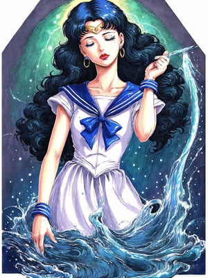 (Masterpiece), (highres), 8k, (traditional media:1.2), manga, digital illustration, 2d,  retro artstyle, (ultra-detailed portrait of sailor moon, colorful, extremely detailed, detailed face, lipstick, (low ponytail), dark blue hair, blue eyes,  gradient hair, looking at viewer, stylish, expressive, arm up, magic, casting water magic, head down, sad, curly hair, sailor nectie, half-closed eyes, closed mouth, closed eyes,melancholy, mature female, cool, aged up, head tilt, looking at viewer, cowboy shot, fully clothed, (8k resolution), (blue and white theme:1.3),sdrhstyl3,EpicLogo,fodress